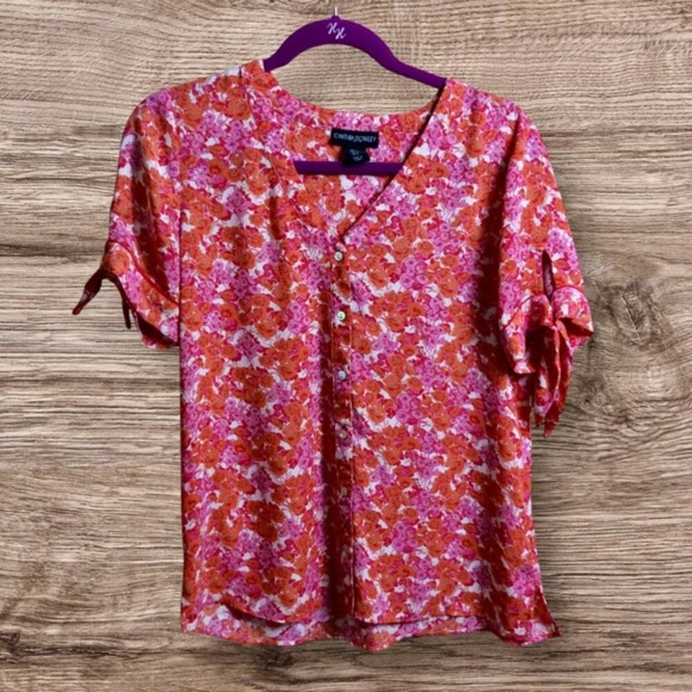 Cynthia Rowley, pink orange button-down floral blouse. Small.